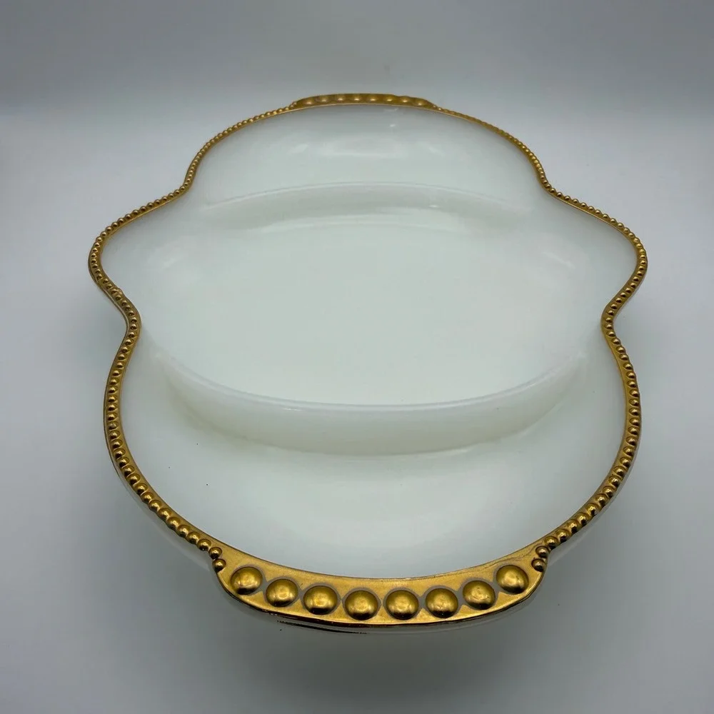 Fire King Milk Glass Divided Relish Tray‎ Gold Beaded Rim Scalloped Vintage 11